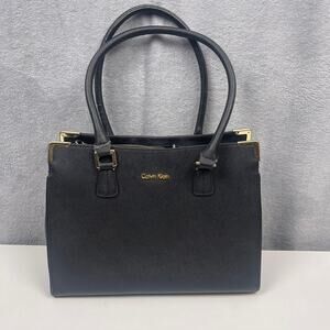Calvin Klein Saffiano Black Leather Tote Gold Hardware Three Compartment Bag